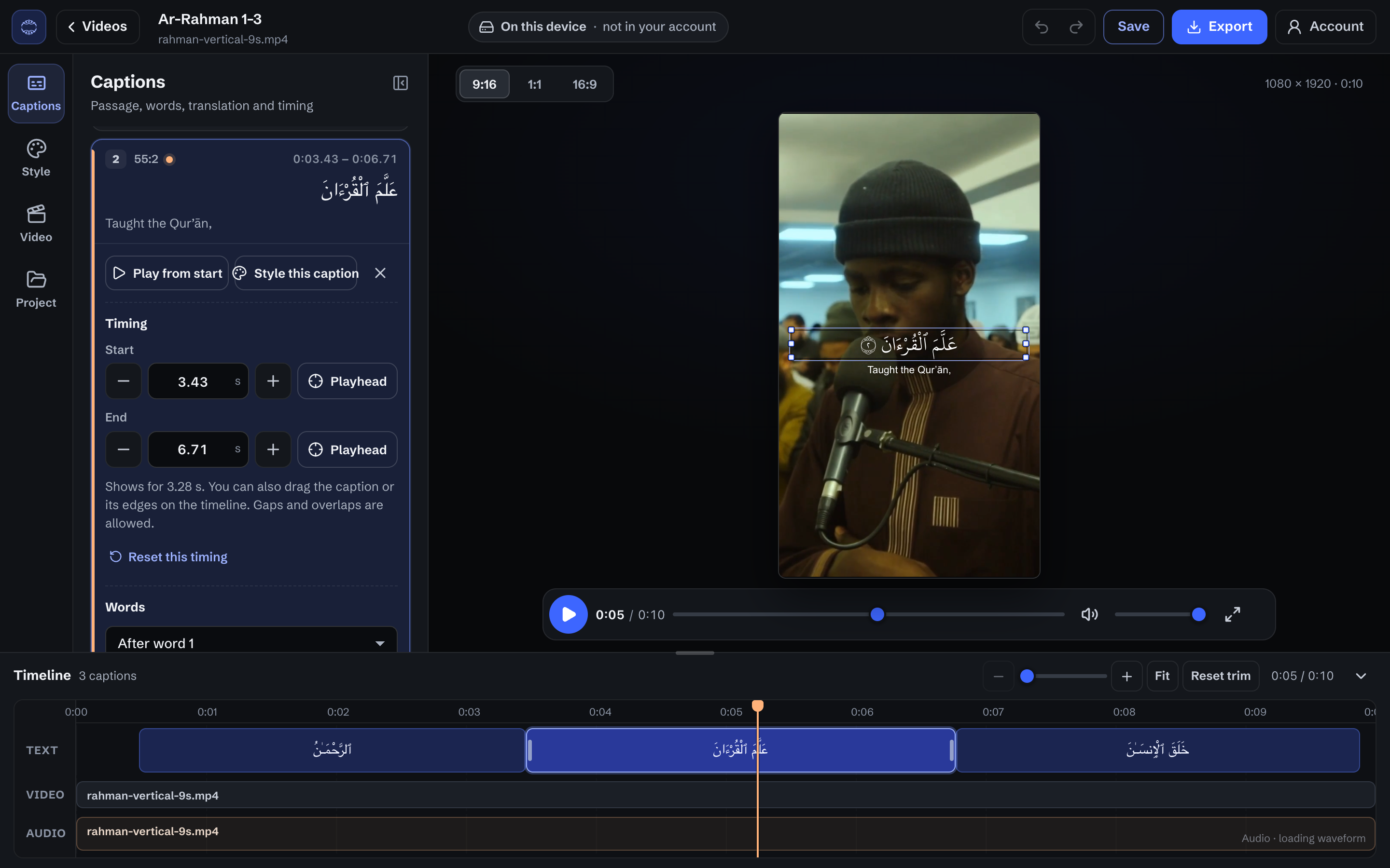 The Quran AutoCaption editor with the caption list, preview and timeline for Surah Ar-Rahman